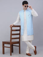 Jompers Men's Solid Kurta Pyjama With Shrug Jacket - Blue | Grocsy