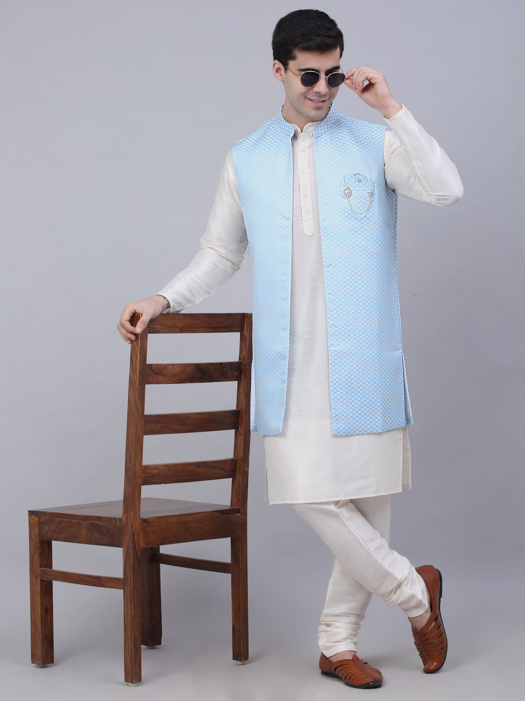 Jompers Men's Solid Kurta Pyjama With Shrug Jacket - Blue | Grocsy