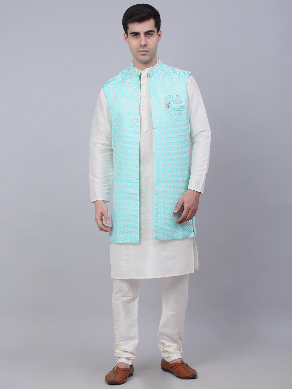 Jompers Men's Solid Kurta Pyjama With Shrug Jacket - Sky Blue | Grocsy