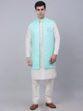Jompers Men's Solid Kurta Pyjama With Shrug Jacket - Sky Blue | Grocsy
