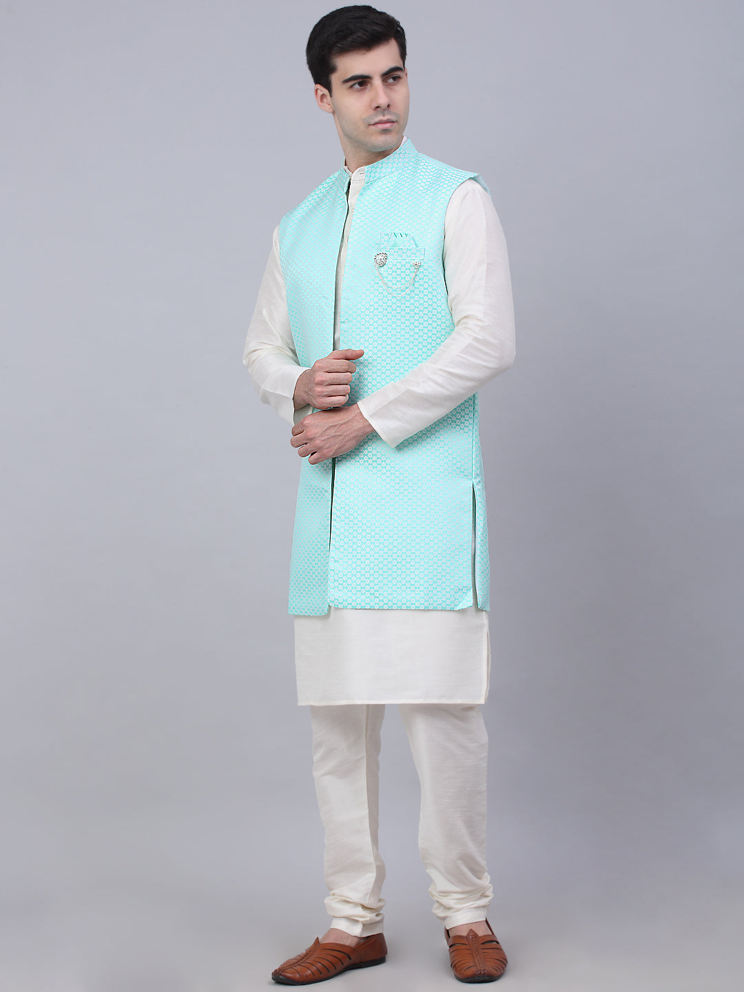 Jompers Men's Solid Kurta Pyjama With Shrug Jacket - Sky Blue | Grocsy