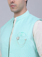 Jompers Men's Solid Kurta Pyjama With Shrug Jacket - Sky Blue | Grocsy