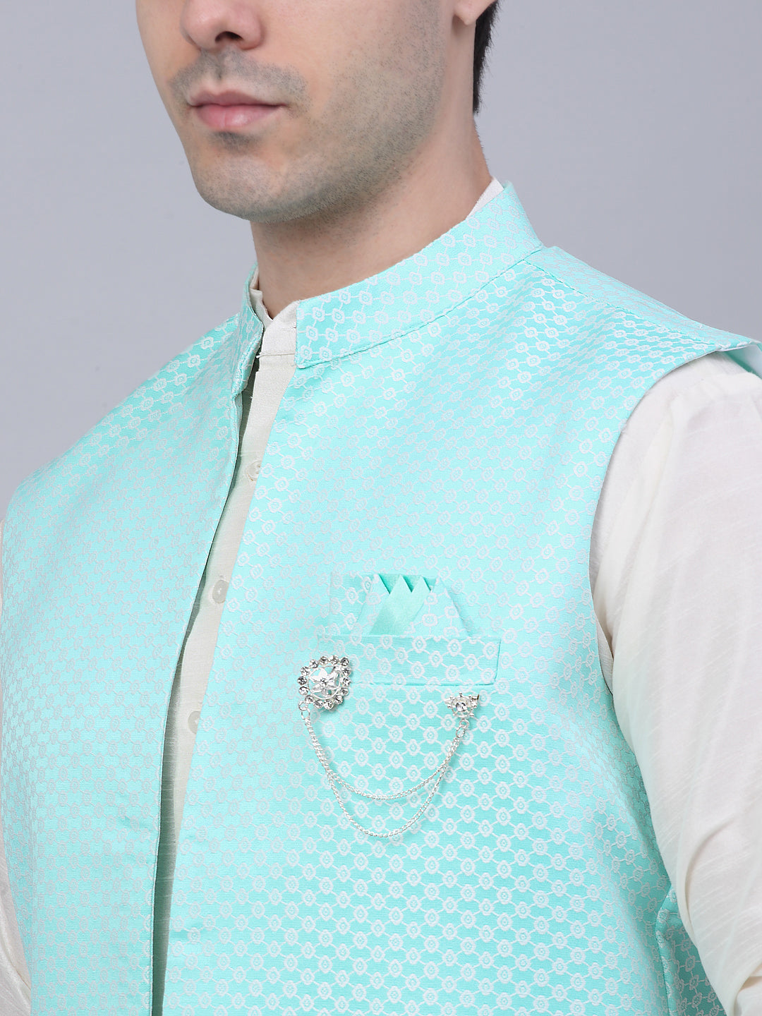 Jompers Men's Solid Kurta Pyjama With Shrug Jacket - Sky Blue | Grocsy