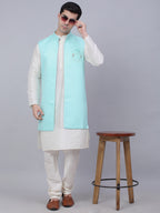 Jompers Men's Solid Kurta Pyjama With Shrug Jacket - Sky Blue | Grocsy