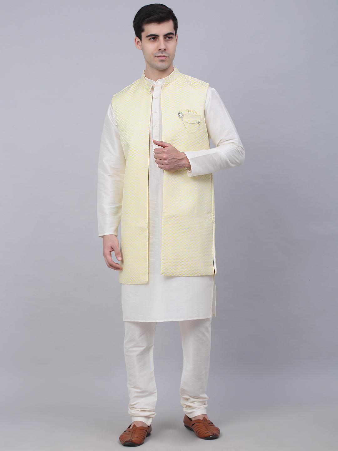 Jompers Men's Solid Kurta Pyjama With Shrug Jacket - Yellow | Grocsy
