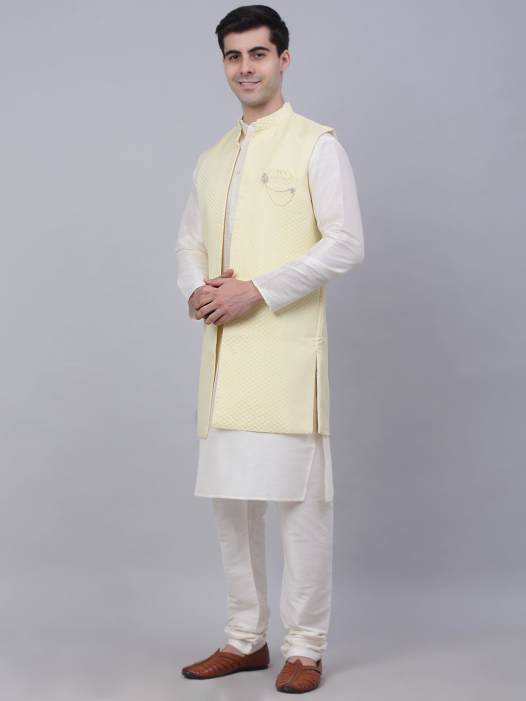 Jompers Men's Solid Kurta Pyjama With Shrug Jacket - Yellow | Grocsy