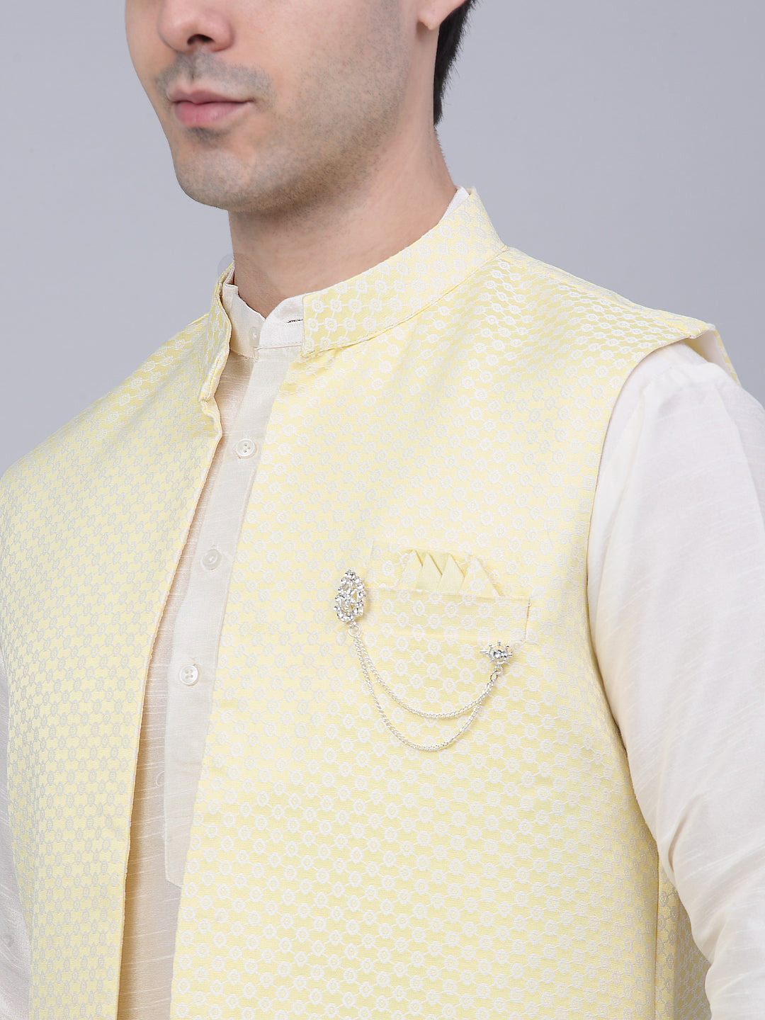 Jompers Men's Solid Kurta Pyjama With Shrug Jacket - Yellow | Grocsy