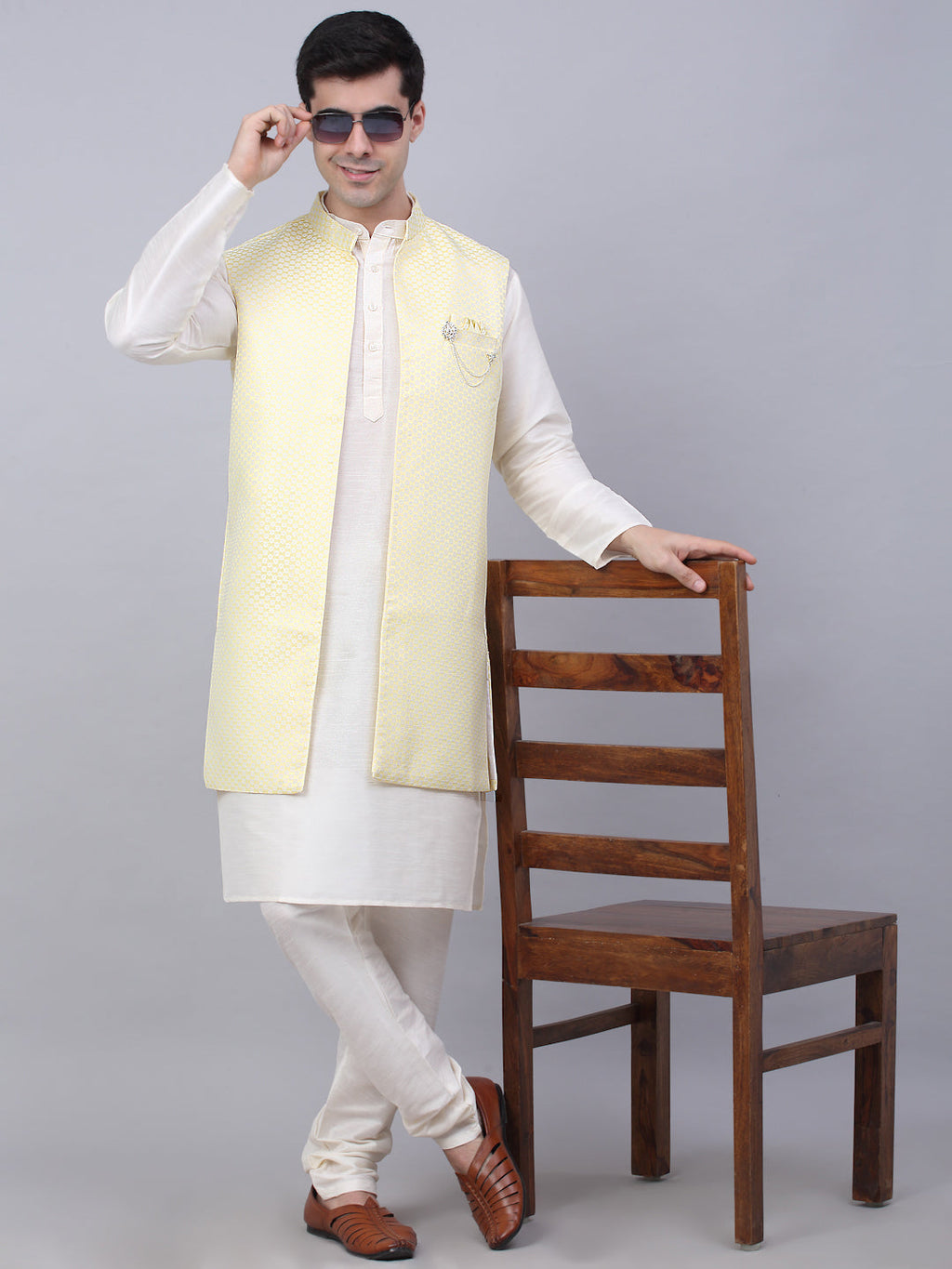 Jompers Men's Solid Kurta Pyjama With Shrug Jacket - Yellow | Grocsy