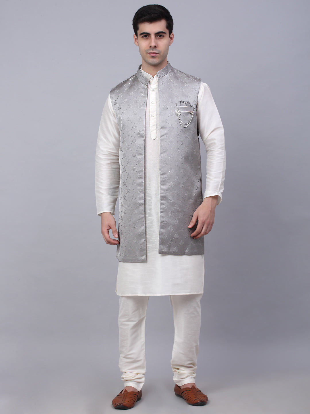 Jompers Men's Solid Kurta Pyjama With Shrug Jacket - Grey | Grocsy