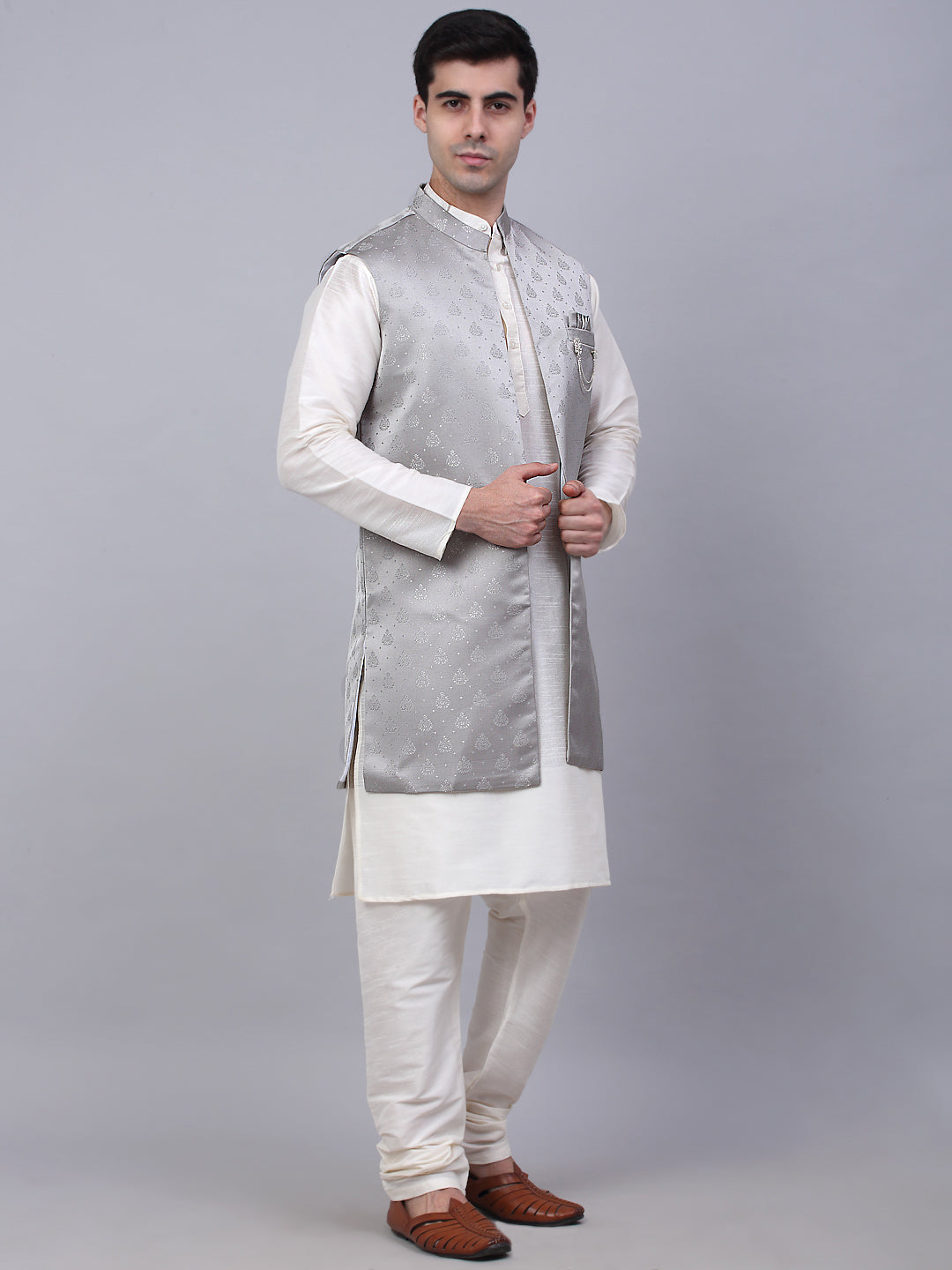 Jompers Men's Solid Kurta Pyjama With Shrug Jacket - Grey | Grocsy