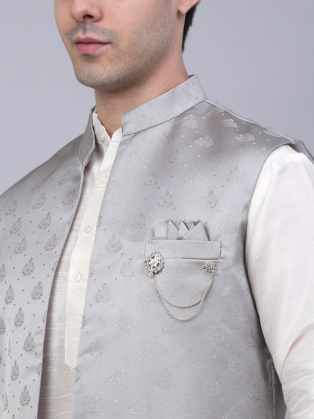 Jompers Men's Solid Kurta Pyjama With Shrug Jacket - Grey | Grocsy