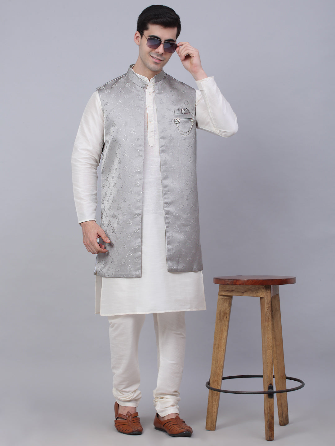 Jompers Men's Solid Kurta Pyjama With Shrug Jacket - Grey | Grocsy
