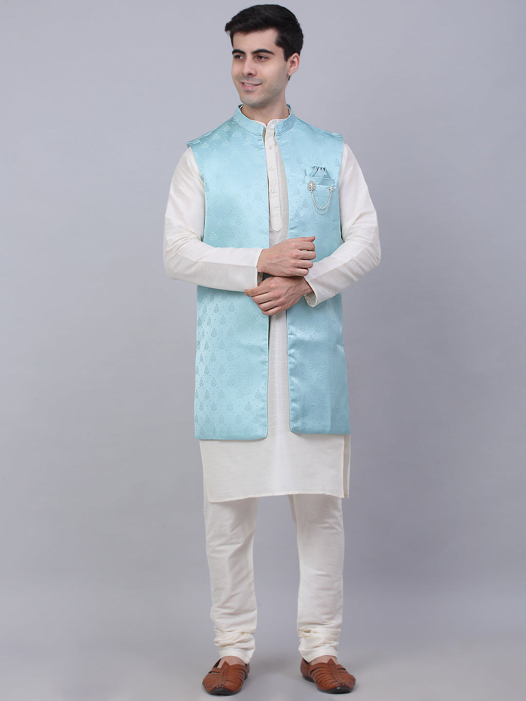 Jompers Men's Solid Kurta Pyjama With Shrug Jacket - Sky Blue | Grocsy