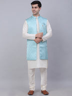 Jompers Men's Solid Kurta Pyjama With Shrug Jacket - Sky Blue | Grocsy