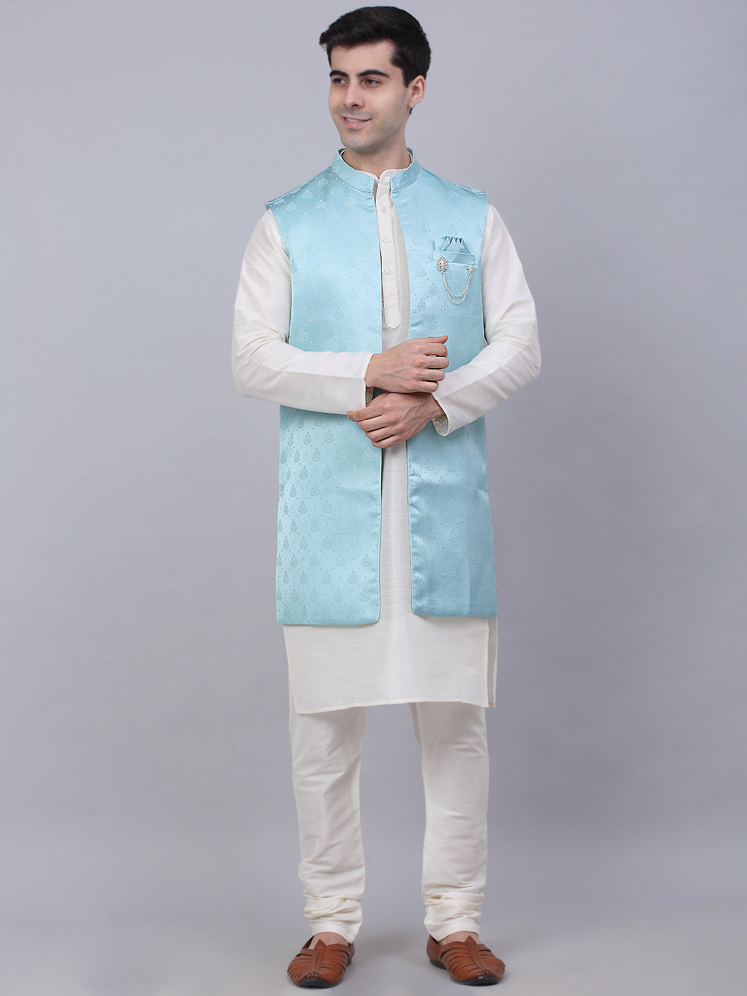 Jompers Men's Solid Kurta Pyjama With Shrug Jacket - Sky Blue | Grocsy