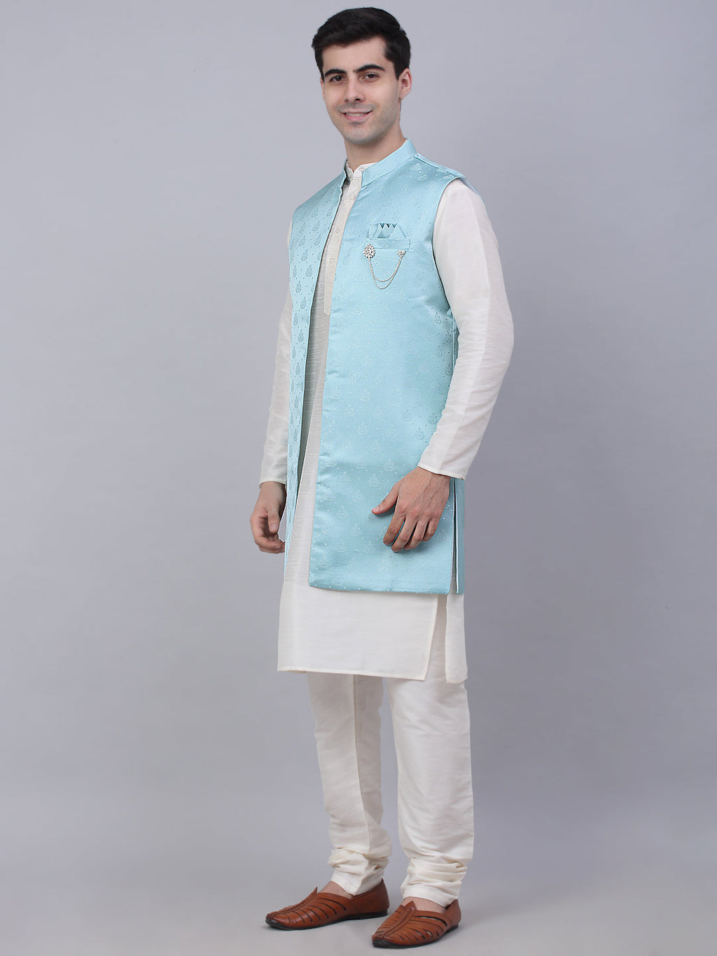 Jompers Men's Solid Kurta Pyjama With Shrug Jacket - Sky Blue | Grocsy