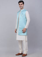 Jompers Men's Solid Kurta Pyjama With Shrug Jacket - Sky Blue | Grocsy