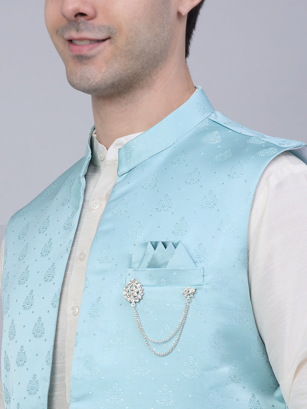 Jompers Men's Solid Kurta Pyjama With Shrug Jacket - Sky Blue | Grocsy