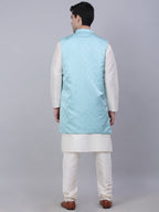 Jompers Men's Solid Kurta Pyjama With Shrug Jacket - Sky Blue | Grocsy
