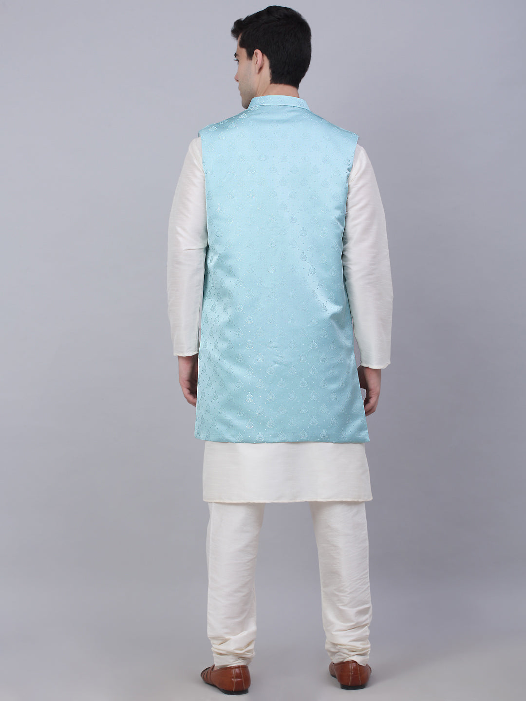 Jompers Men's Solid Kurta Pyjama With Shrug Jacket - Sky Blue | Grocsy