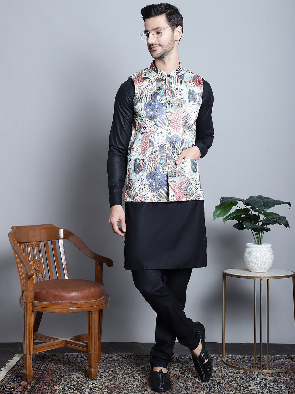 Jompers Men's Digital Print and Zari Work Nehru Jacket With Kurta Pyjama Set - Blue | Grocsy