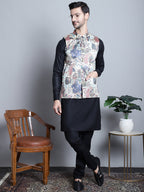 Jompers Men's Digital Print and Zari Work Nehru Jacket With Kurta Pyjama Set - Blue | Grocsy