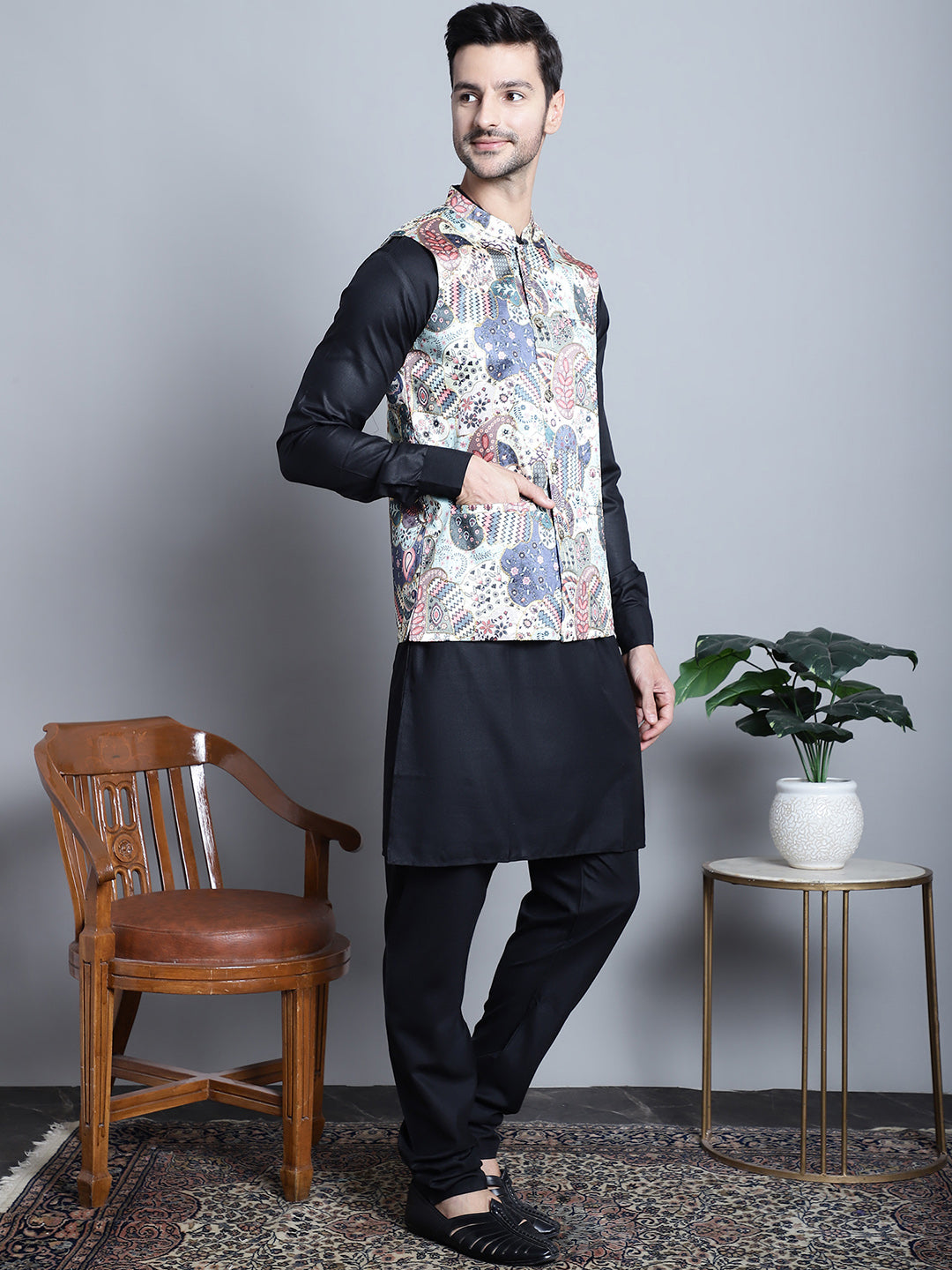 Jompers Men's Digital Print and Zari Work Nehru Jacket With Kurta Pyjama Set - Blue | Grocsy