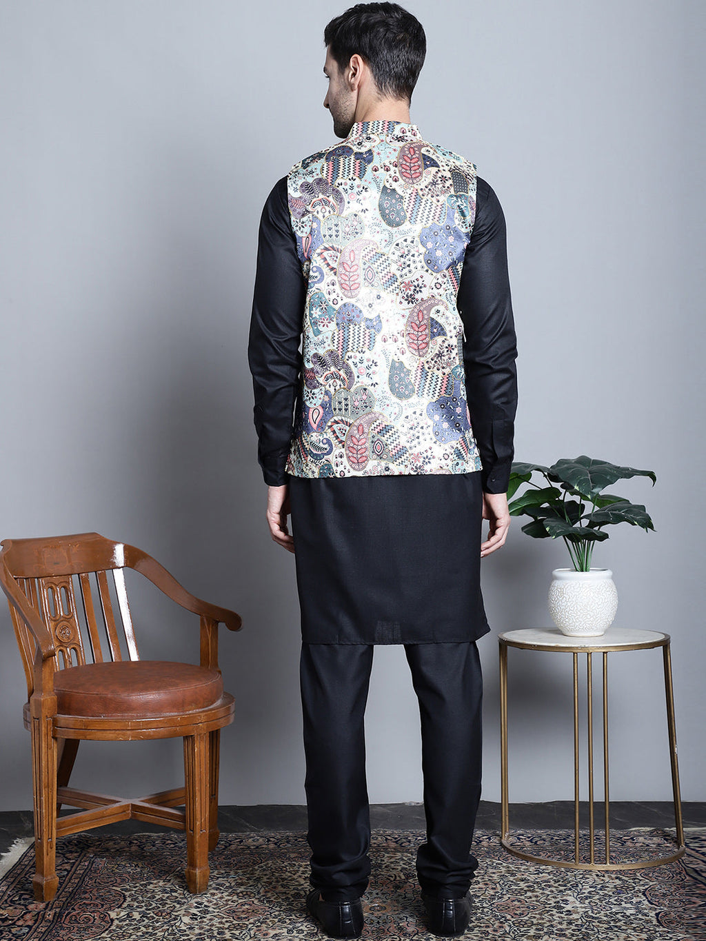 Jompers Men's Digital Print and Zari Work Nehru Jacket With Kurta Pyjama Set - Blue | Grocsy