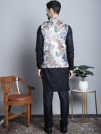 Jompers Men's Digital Print and Zari Work Nehru Jacket With Kurta Pyjama Set - Blue | Grocsy