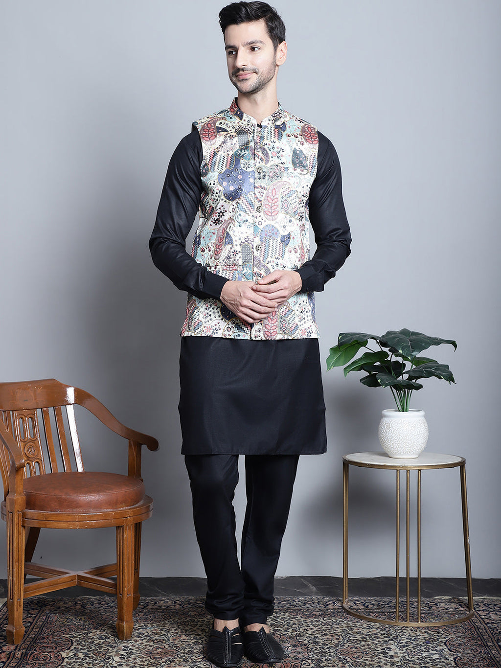 Jompers Men's Digital Print and Zari Work Nehru Jacket With Kurta Pyjama Set - Blue | Grocsy