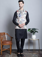 Jompers Men's Digital Print and Zari Work Nehru Jacket With Kurta Pyjama Set - Blue | Grocsy