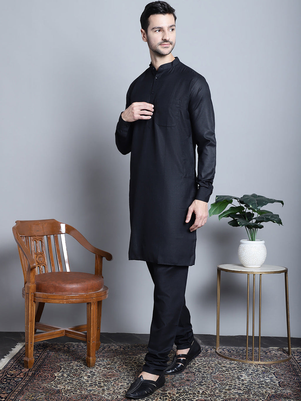 Jompers Men's Digital Print and Zari Work Nehru Jacket With Kurta Pyjama Set - Blue | Grocsy