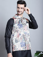Jompers Men's Digital Print and Zari Work Nehru Jacket With Kurta Pyjama Set - Blue | Grocsy