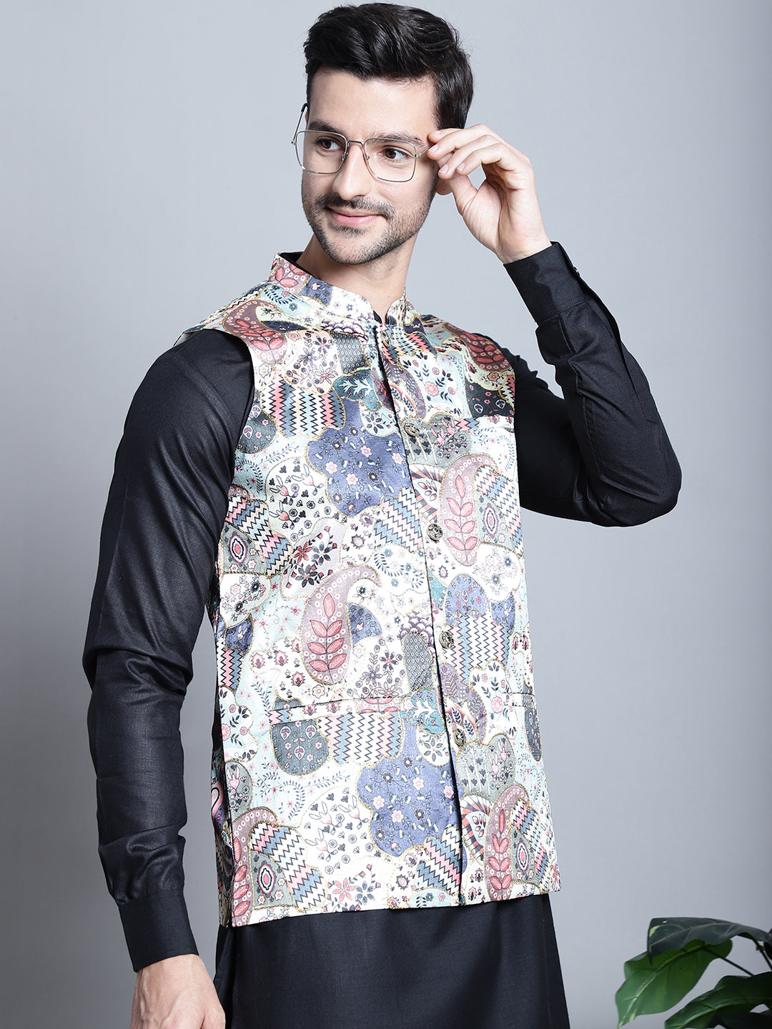 Jompers Men's Digital Print and Zari Work Nehru Jacket With Kurta Pyjama Set - Blue | Grocsy