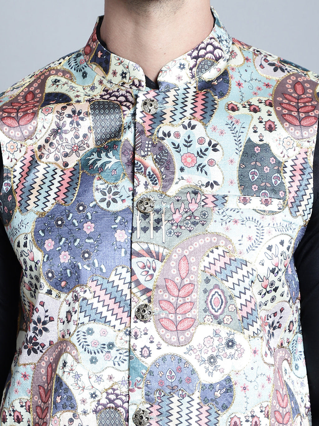 Jompers Men's Digital Print and Zari Work Nehru Jacket With Kurta Pyjama Set - Blue | Grocsy