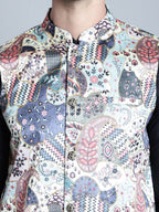 Jompers Men's Digital Print and Zari Work Nehru Jacket With Kurta Pyjama Set - Blue | Grocsy