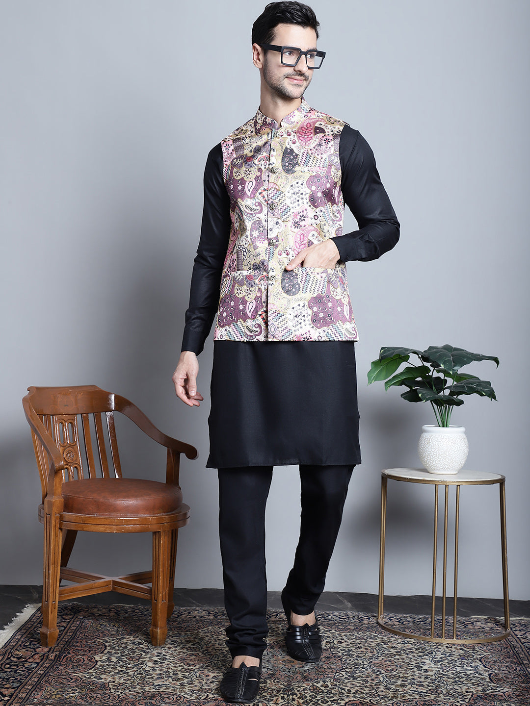 Jompers Men's Digital Print and Zari Work Nehru Jacket With Kurta Pyjama Set - Purple | Grocsy