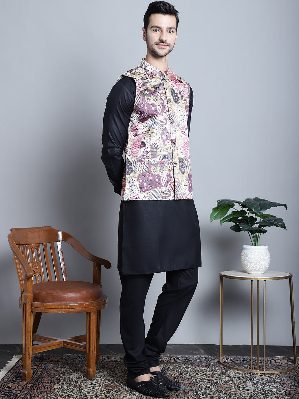 Jompers Men's Digital Print and Zari Work Nehru Jacket With Kurta Pyjama Set - Purple | Grocsy