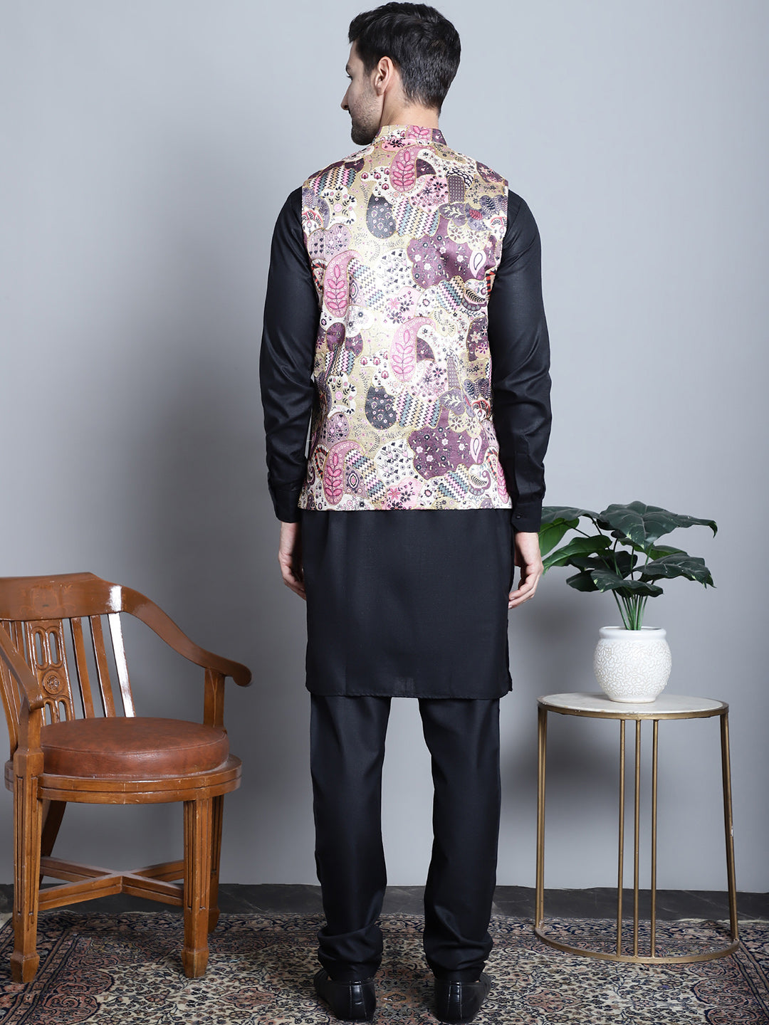 Jompers Men's Digital Print and Zari Work Nehru Jacket With Kurta Pyjama Set - Purple | Grocsy