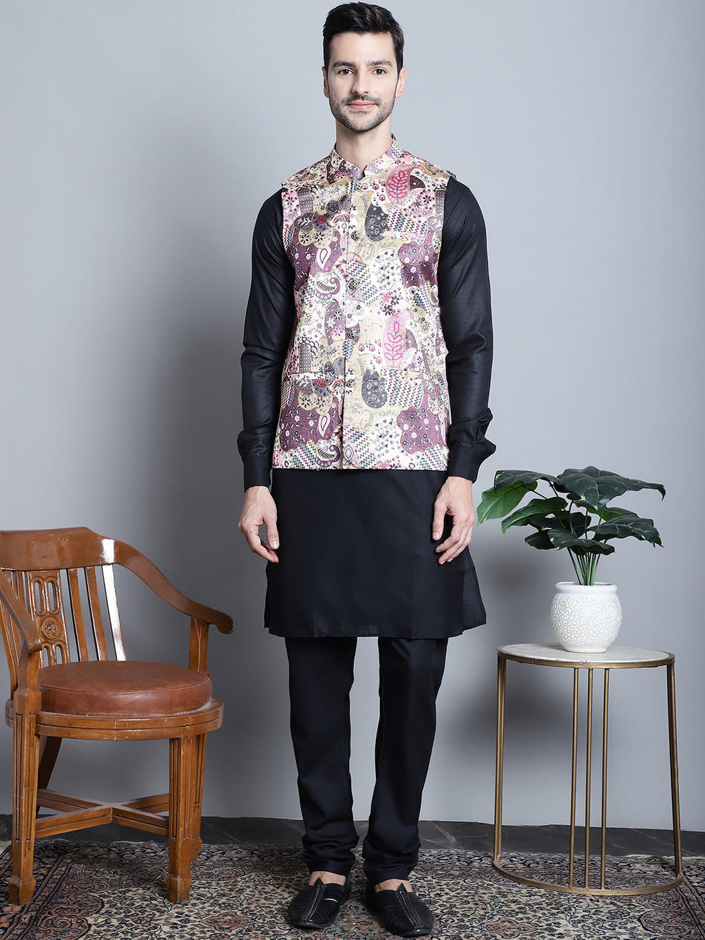Jompers Men's Digital Print and Zari Work Nehru Jacket With Kurta Pyjama Set - Purple | Grocsy