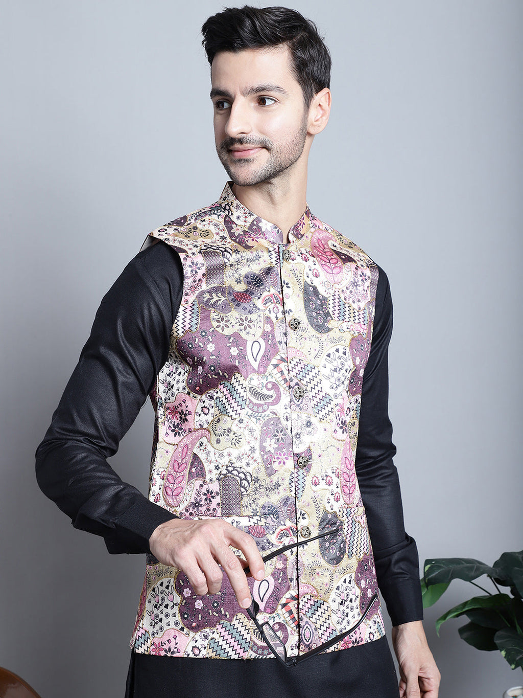 Jompers Men's Digital Print and Zari Work Nehru Jacket With Kurta Pyjama Set - Purple | Grocsy