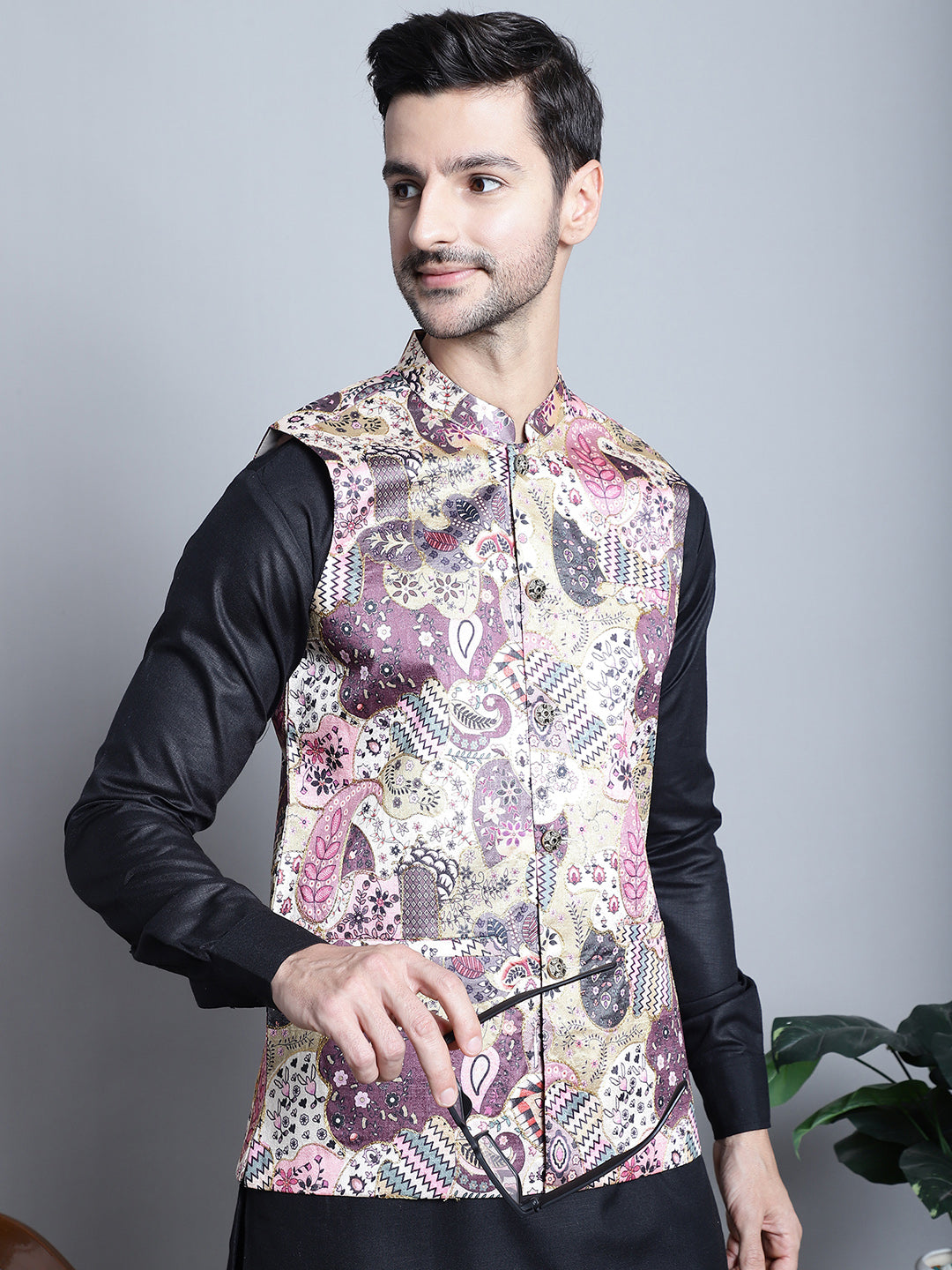 Jompers Men's Digital Print and Zari Work Nehru Jacket With Kurta Pyjama Set - Purple | Grocsy