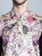 Jompers Men's Digital Print and Zari Work Nehru Jacket With Kurta Pyjama Set - Purple | Grocsy