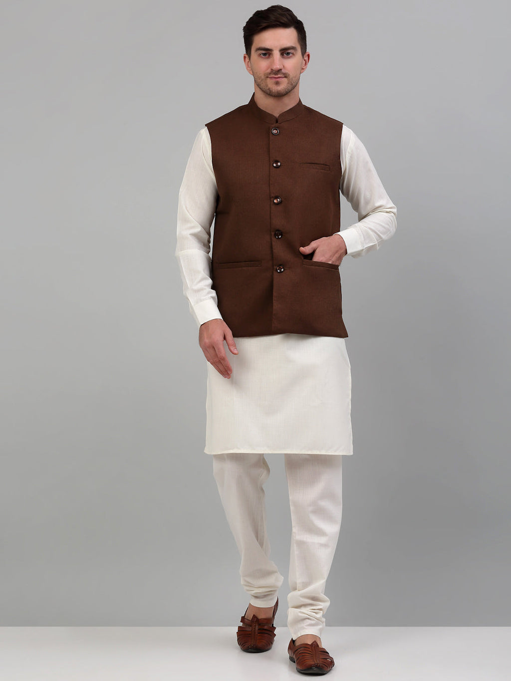 Jompers Men's Nehru Jacket with White Kurta Pyjama | Grocsy