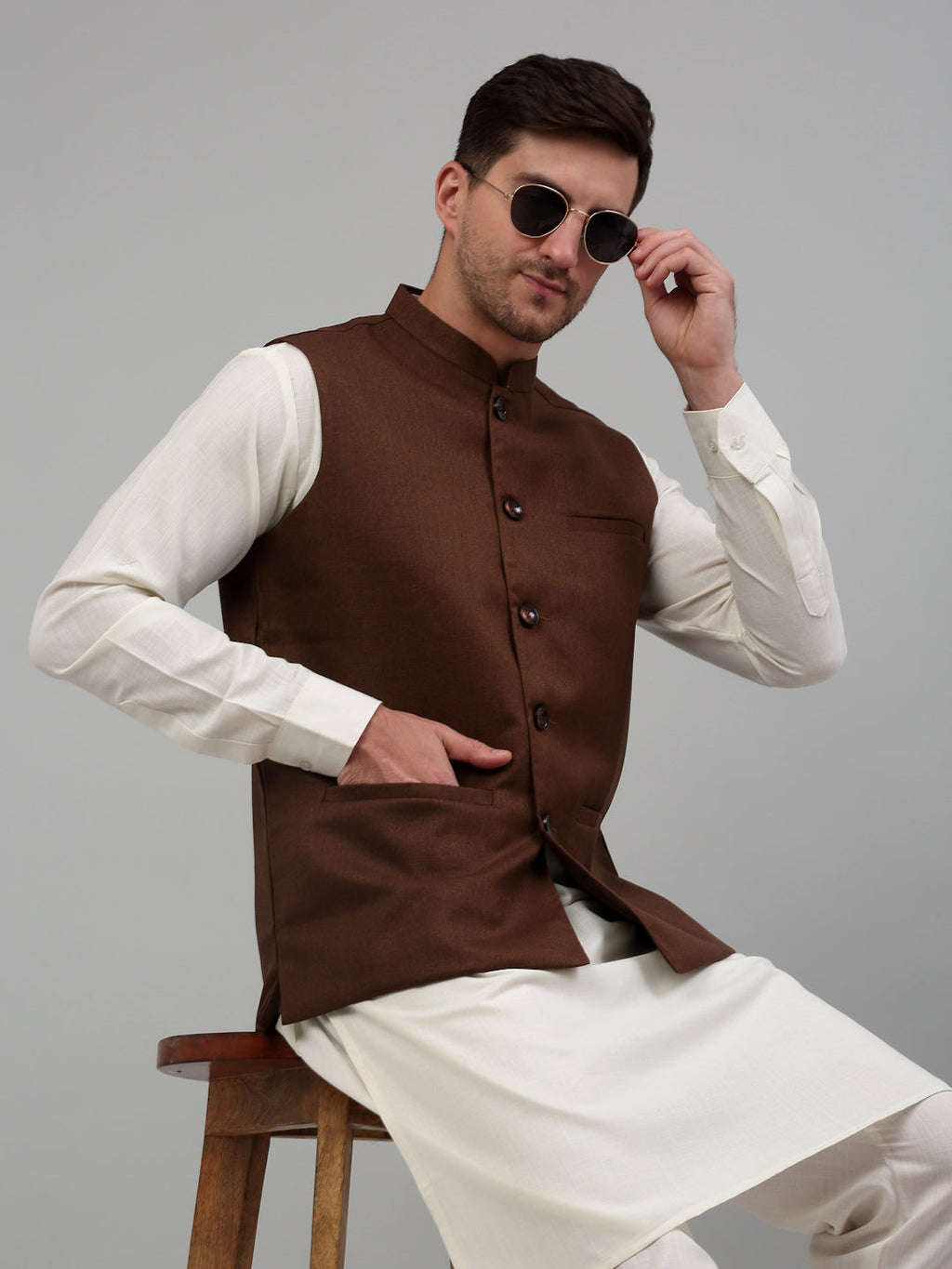 Jompers Men's Nehru Jacket with White Kurta Pyjama | Grocsy