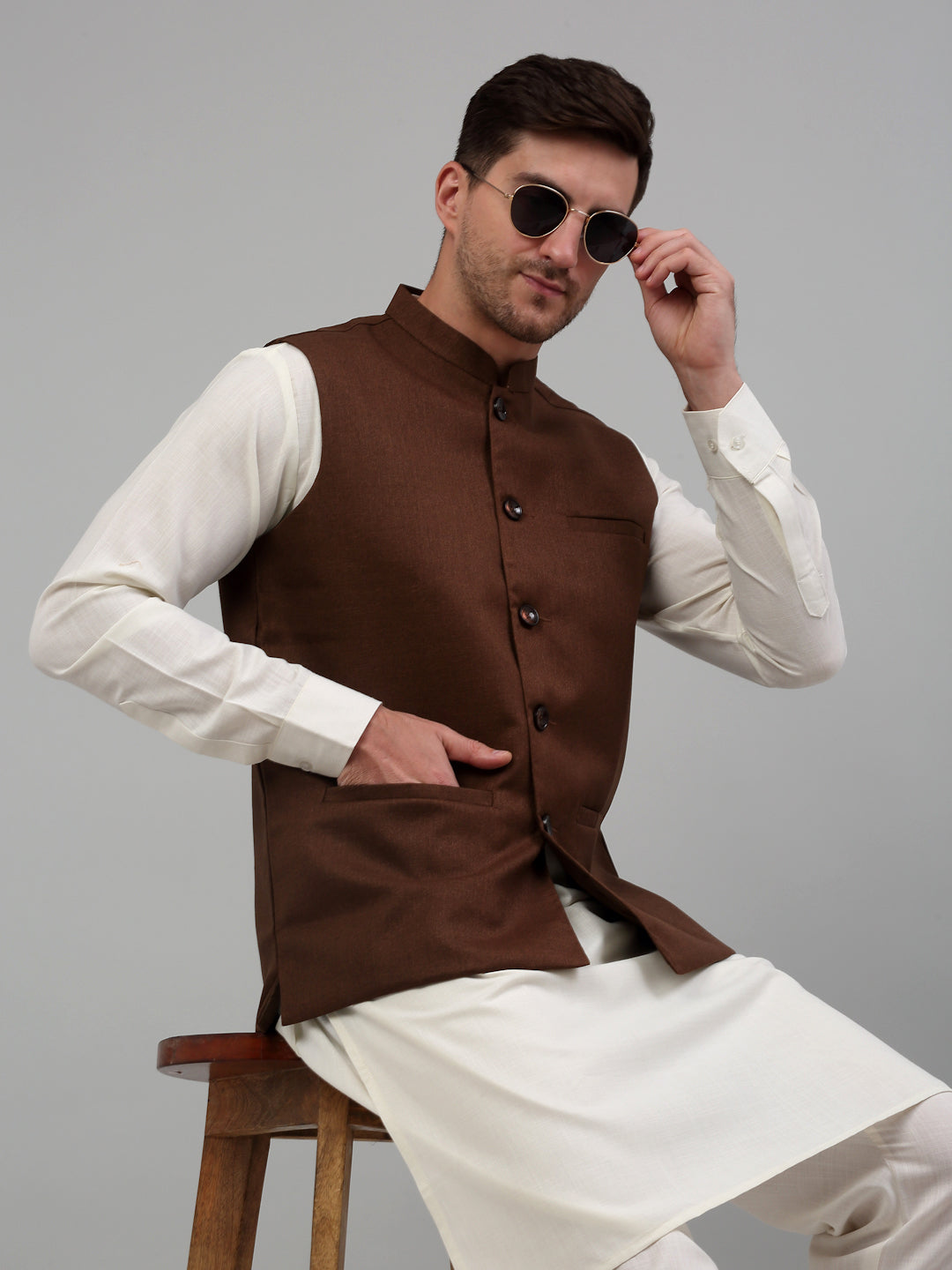 Jompers Men's Nehru Jacket with White Kurta Pyjama | Grocsy