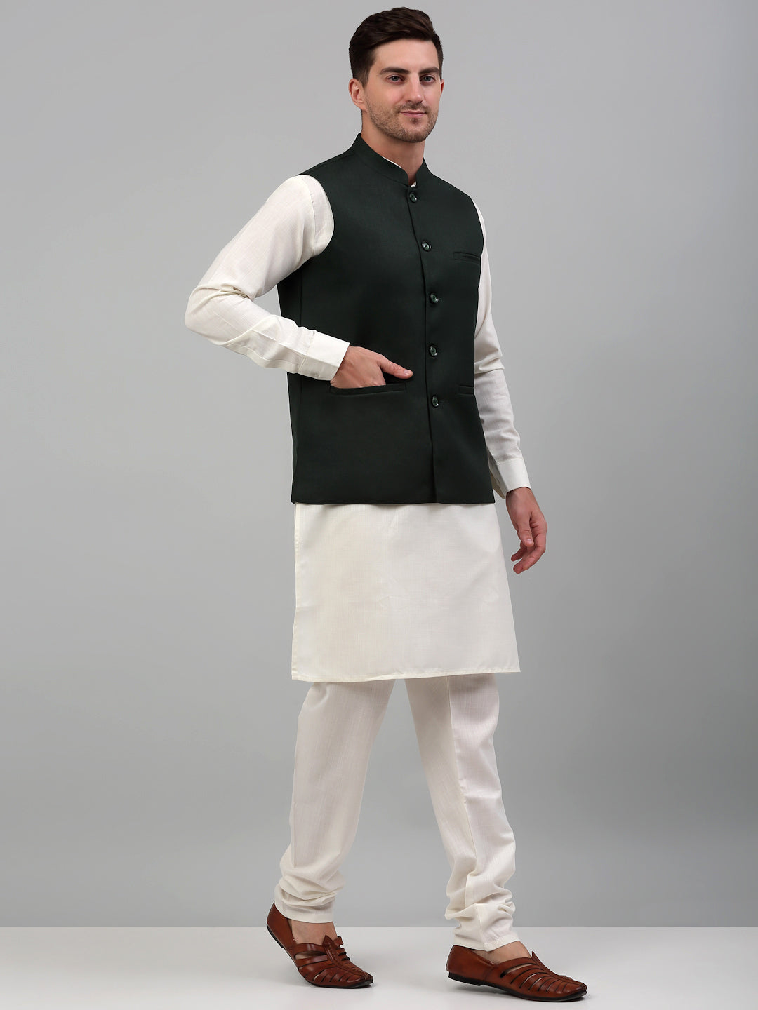 Jompers Men's Nehru Jacket with White Kurta Pyjama | Grocsy