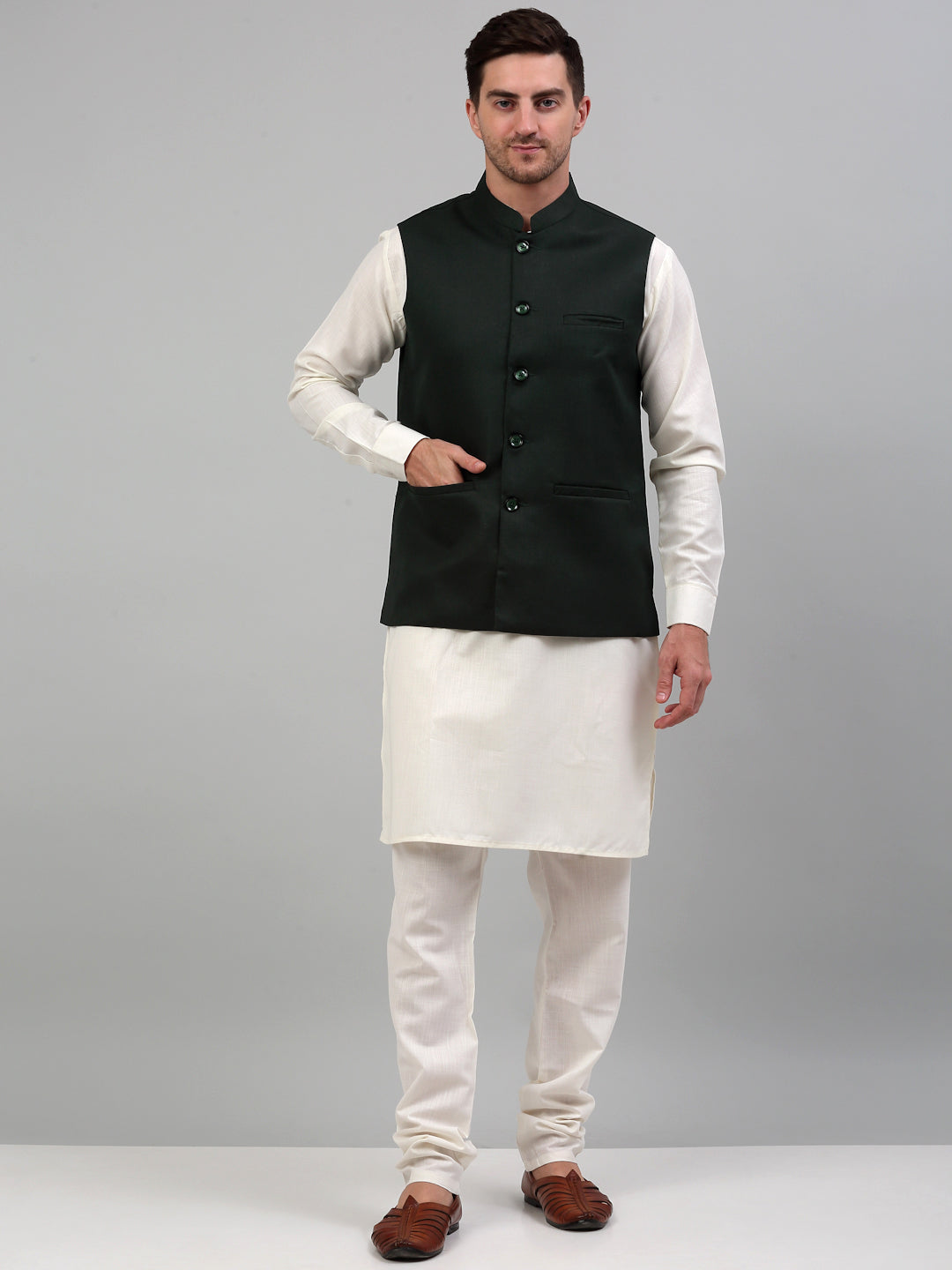 Jompers Men's Nehru Jacket with White Kurta Pyjama | Grocsy