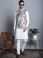 Jompers Men's Digital Print and Zari Work Nehru Jacket With Kurta Pyjama Set - Blue | Grocsy