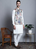 Jompers Men's Digital Print and Zari Work Nehru Jacket With Kurta Pyjama Set - Blue | Grocsy